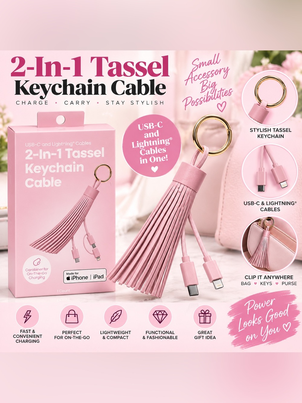 2 in 1 Tassel Keychain USB-C & Lightning Cable